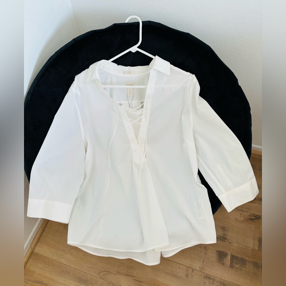 NWT Chico’s No Iron Stretch White Cotton Tunic Lace-Up 3/4 Sleeve Top  size 3